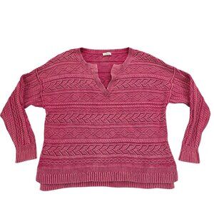 Sundance Boxy Cable Knit Sweater V-neck Drop Sleeve Split Side Hem Chunky Knit L